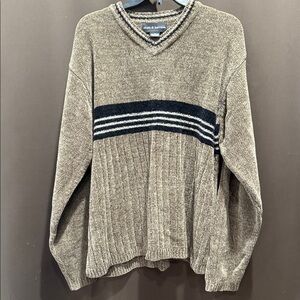 Croft & Barrow Tan V-Neck Sweater with Black and White Stripes, Size Large